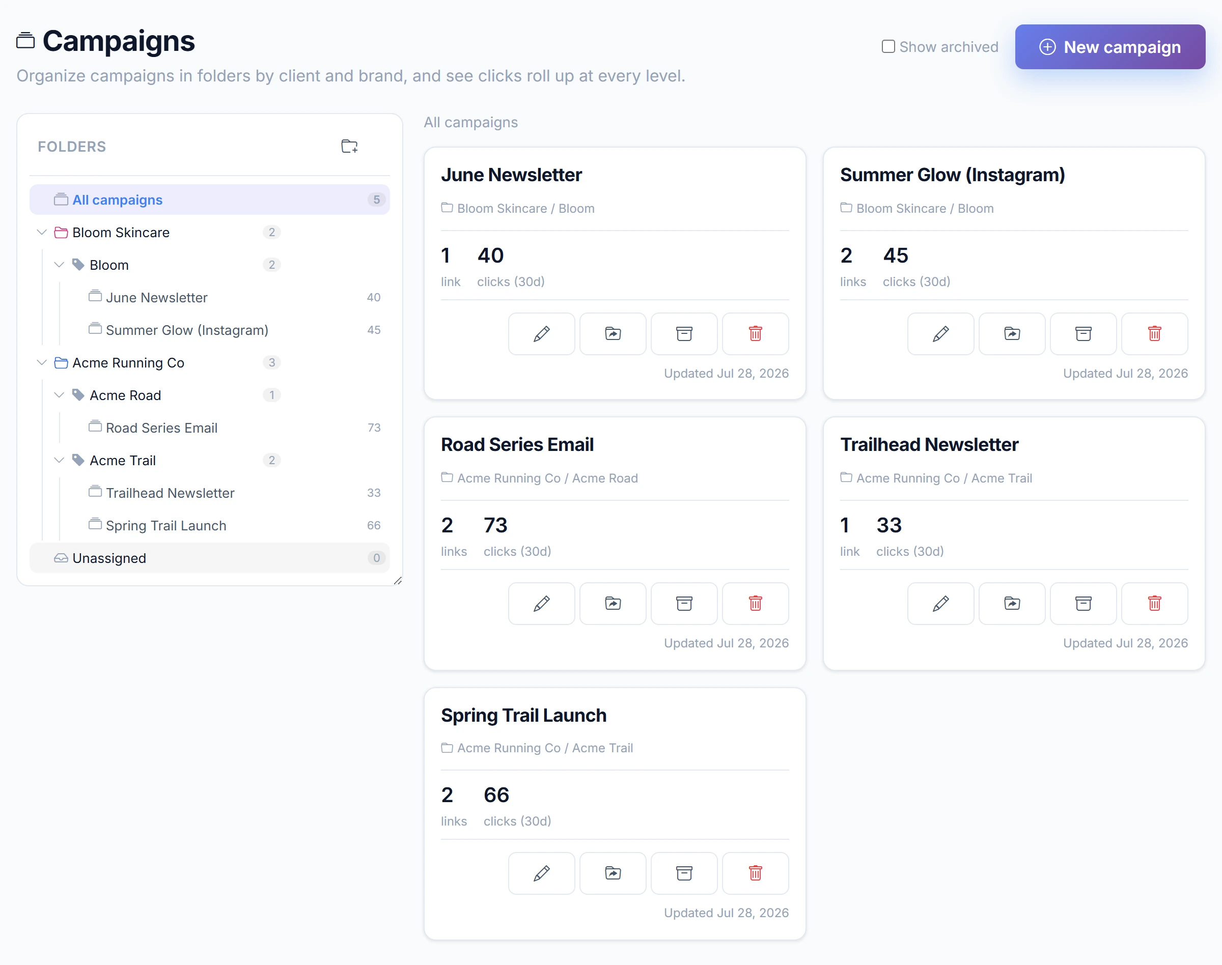 URLcut.ai Campaigns page with campaign hubs filed under clients and brands, and clicks rolling up from each campaign to its brand and client
