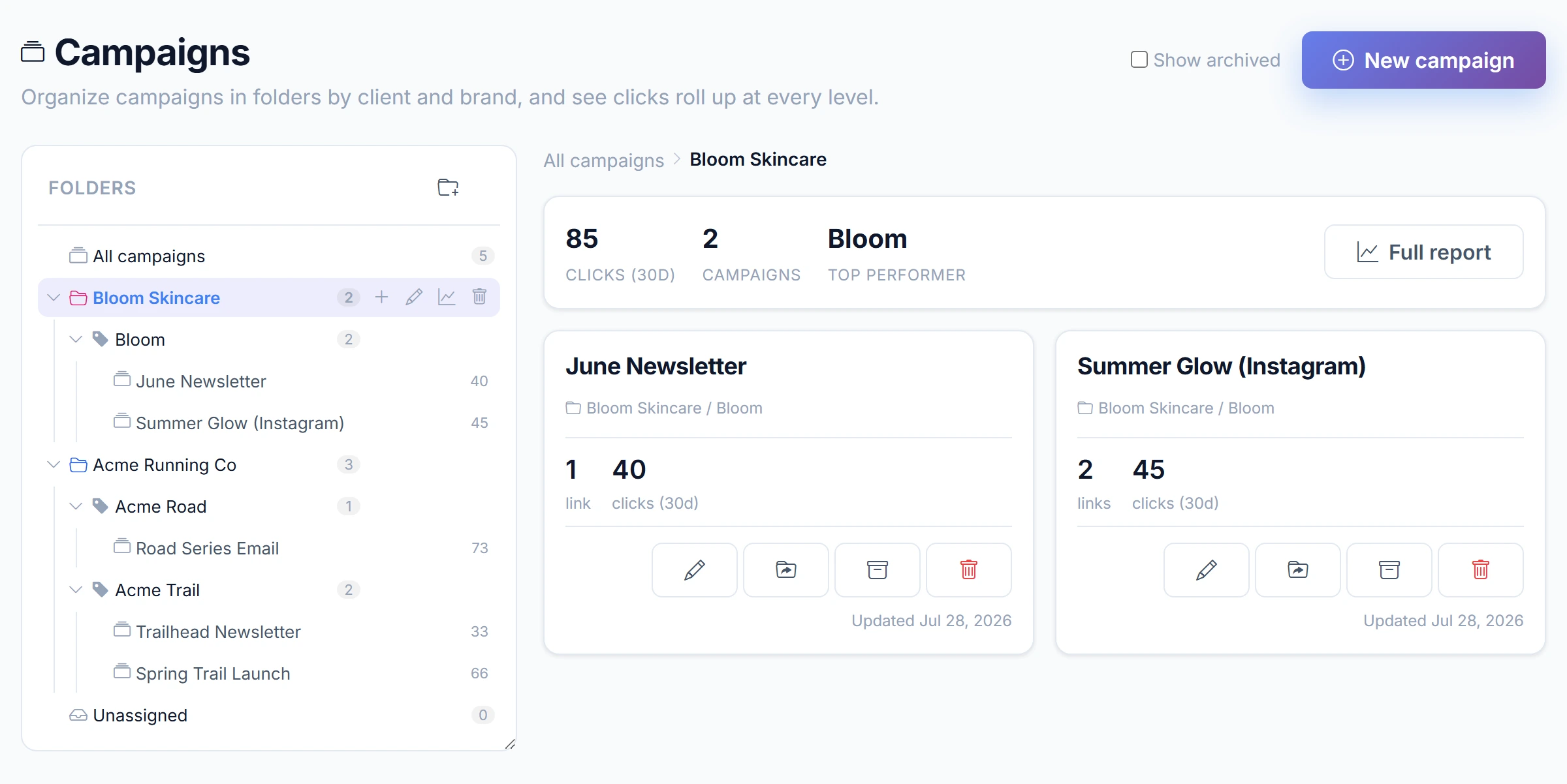 Client rollup report in URLcut.ai showing Bloom Skincare with 85 clicks across 2 campaigns in the last 30 days and its top performing brand