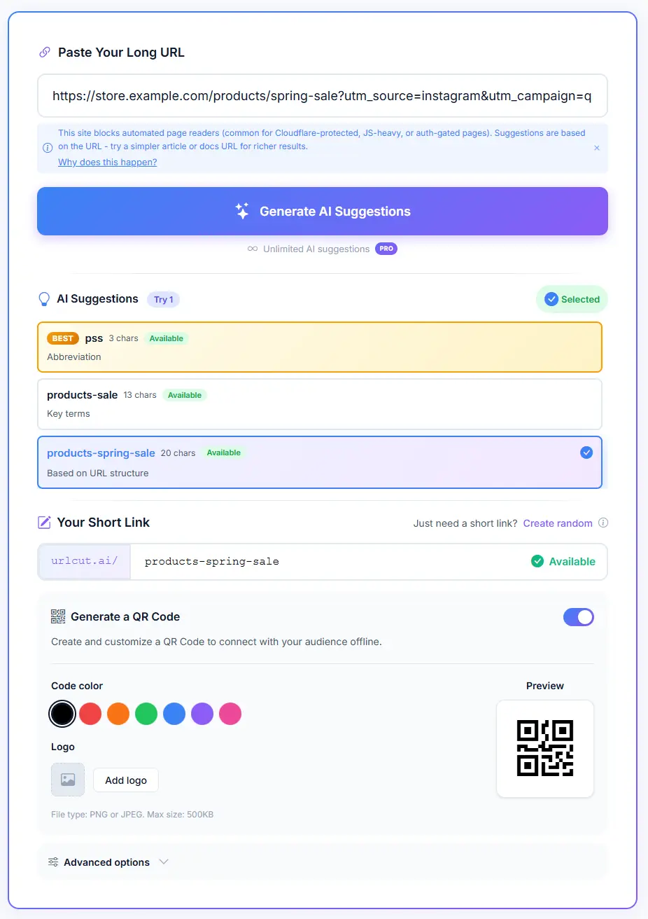 URLcut.ai showing AI-assisted slug suggestions for a long campaign URL