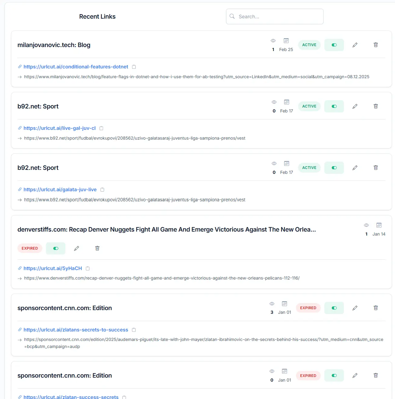 URLcut.ai dashboard showing readable custom short links in recent links
