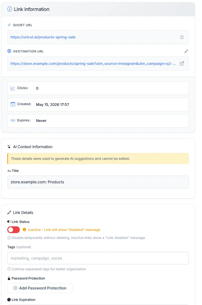 URLcut.ai link details page showing editable short link information